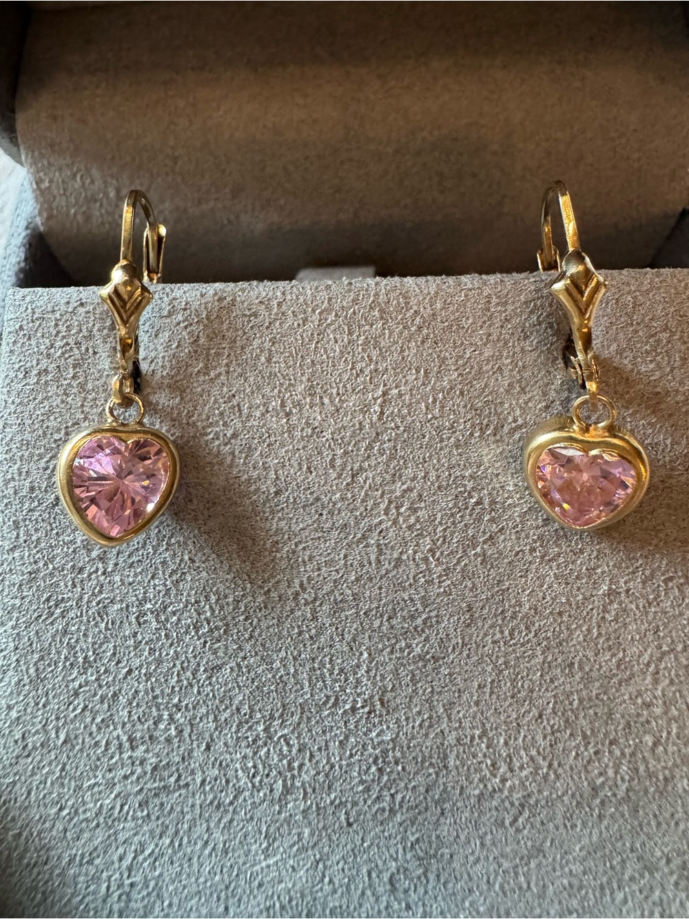 14k Solid Yellow Gold Earrings With Pink Heart Stones on a French Clutch Back